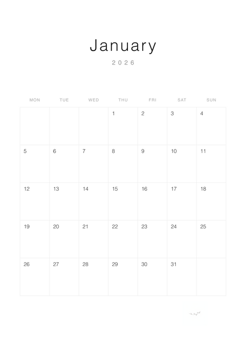 2026 Minimalist Monthly Calendar